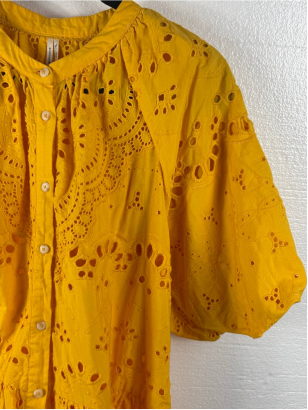 Anthropologie Tallulah Yellow Eyelet Tiered Short puff sleeves Mini Dress sz L - Picture 6 of 11